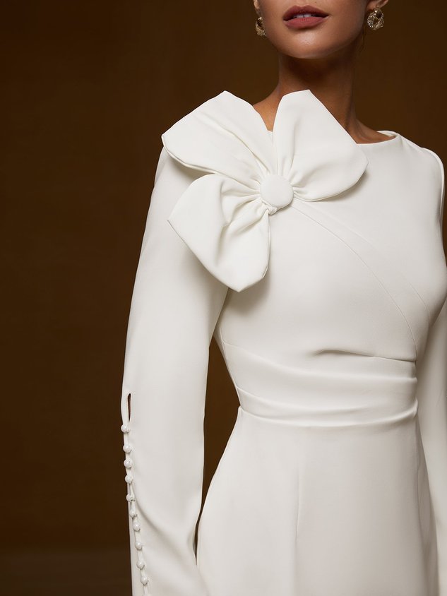 Cream White Bow Long Sleeve Sheath Midi Dress