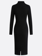 Black Rhinestone Cut Out Knit Mock Neck Long Sleeve Sheath Midi Dress