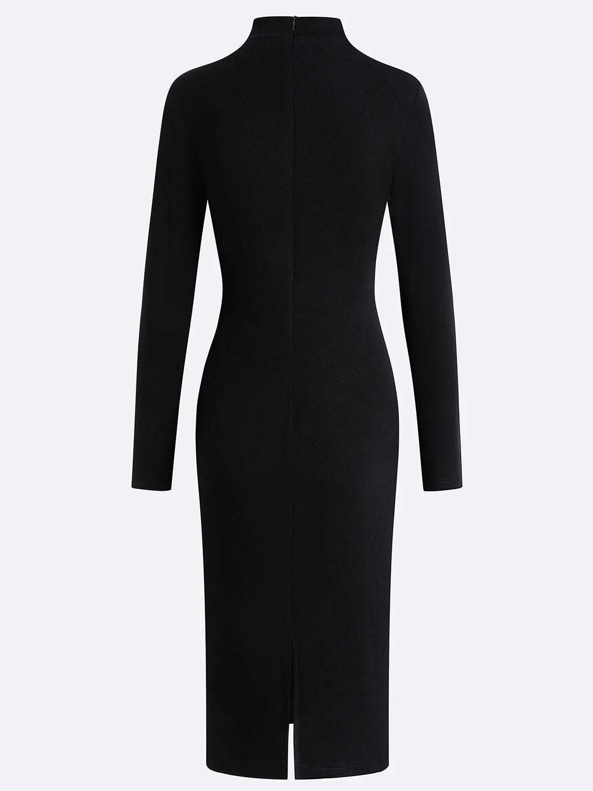 Black Rhinestone Cut Out Knit Mock Neck Long Sleeve Sheath Midi Dress