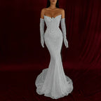 Cocoslly Strapless Sleeveless High Waist Long Mermaid Prom Dress With Rhinstone And Gloves | Smoky Silver Sequins WQ0579