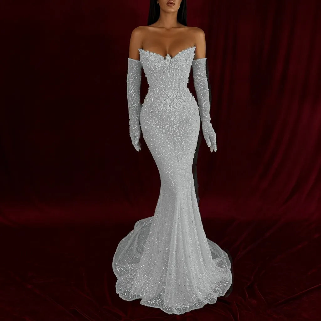 Cocoslly Strapless Sleeveless High Waist Long Mermaid Prom Dress With Rhinstone And Gloves | Smoky Silver Sequins WQ0579
