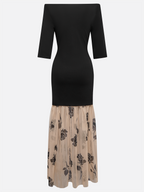 Black Floral Rose Knit Off The Shoulder Half Sleeve Mermaid Maxi Dress
