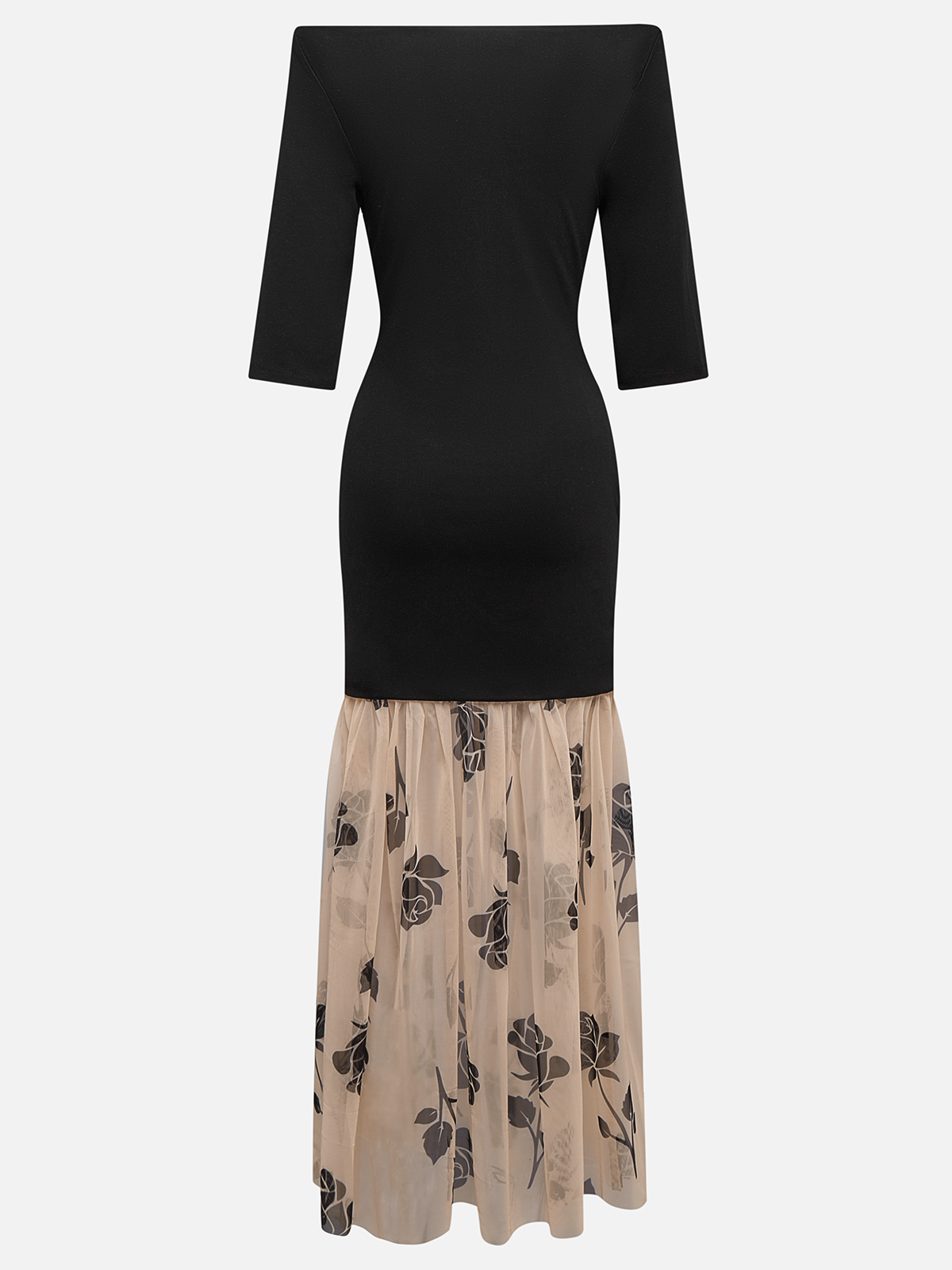 Black Floral Rose Knit Off The Shoulder Half Sleeve Mermaid Maxi Dress