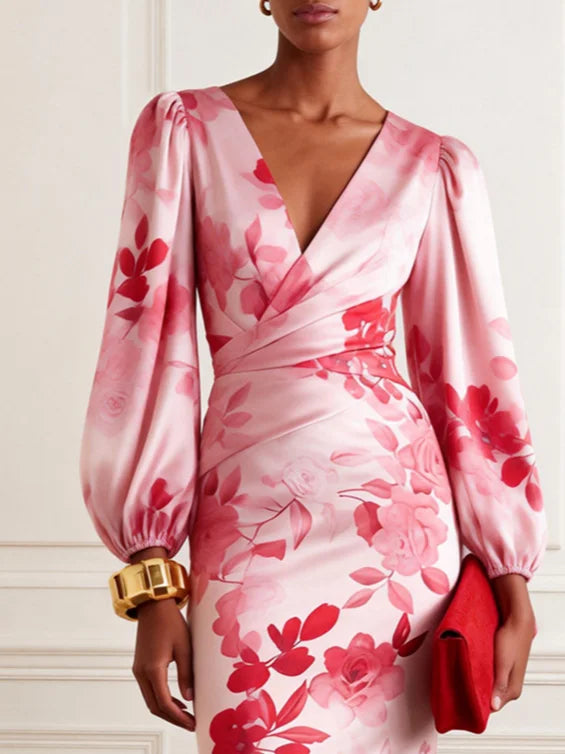 Pink Floral Satin V Neck Long Sleeve Balloon Sleeve Sheath Midi Dress