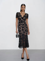 Black Lace Edge Cotton V Neck Short Sleeve Mermaid Midi Dress