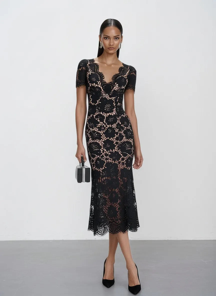 Black Lace Edge Cotton V Neck Short Sleeve Mermaid Midi Dress