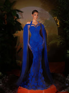 Tulle Halter V-Neck Off-The-Shoulder Sleeveless Long Mermaid Prom Dress With Flowers And Beadings YK0774