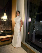Cocoslly High Neck Short Sleeves High Waist Long Prom Dress With Lace | White Satin DB0111