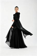 Cocoslly High Neck Long Sleeves High Waist Long Prom Dress With Rhinstone | Cabemet Chiffon LR0407