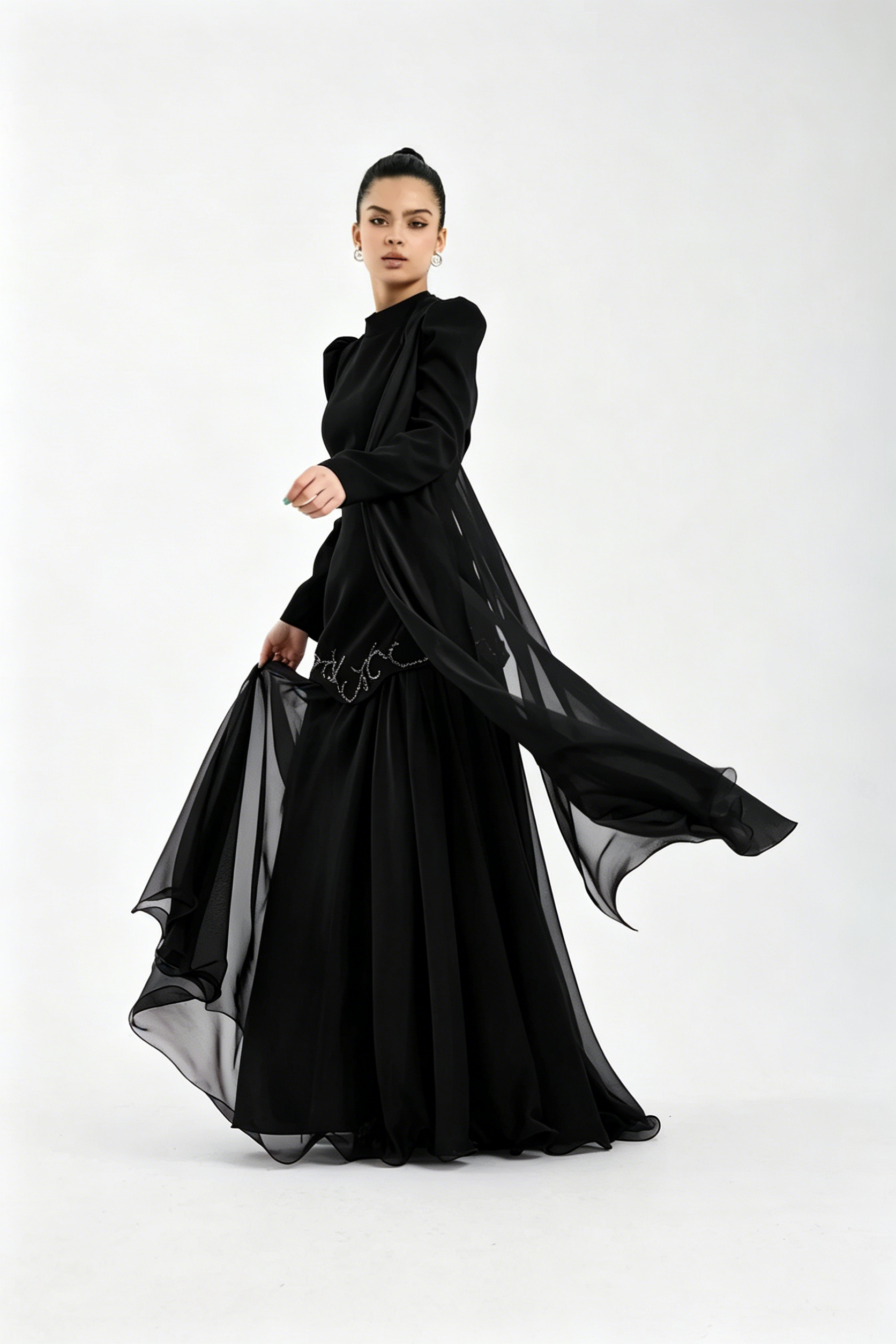 Cocoslly High Neck Long Sleeves High Waist Long Prom Dress With Rhinstone | Cabemet Chiffon LR0407