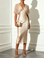 Champagne Ruched Satin V Neck Short Sleeve Raglan Sleeves Sheath Midi Dress