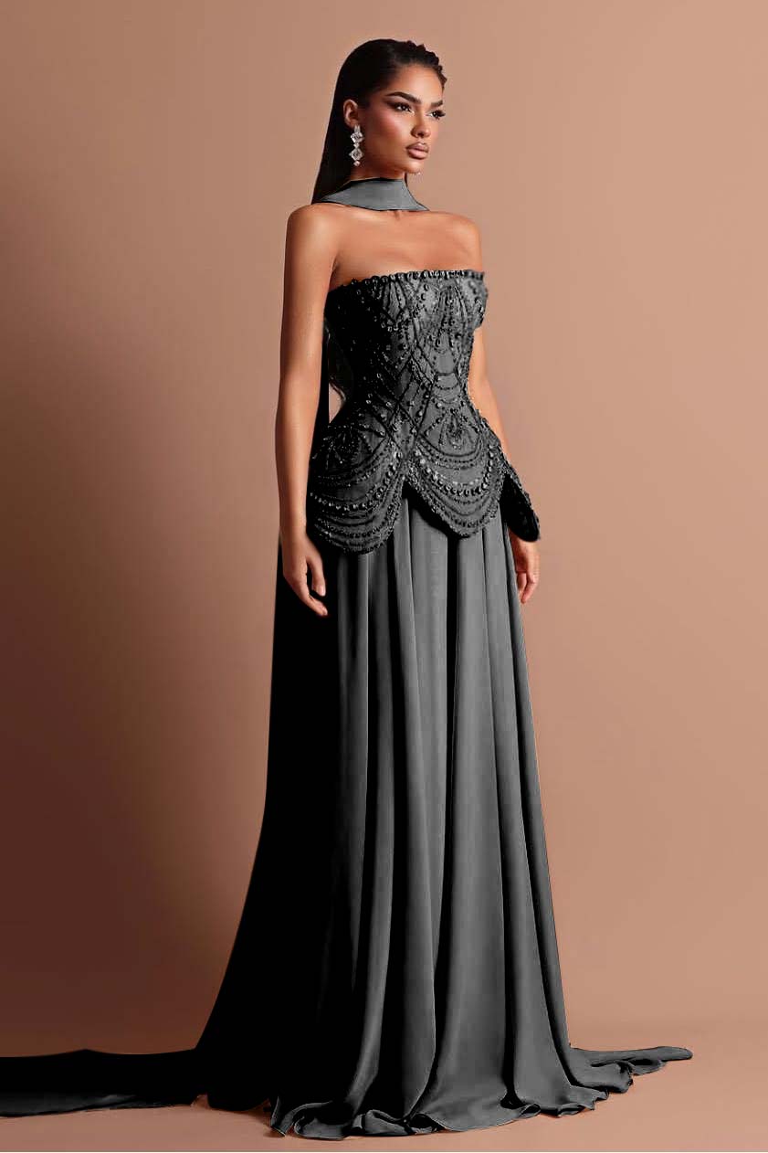 Strapless Sleeveless Long Prom Dress With Beading Pleated Wrap WQ0084