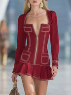 Elegant Fashion Square-neck Front-zip Red Denim Mini Dress