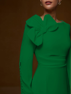 Cream White Bow Long Sleeve Sheath Midi Dress