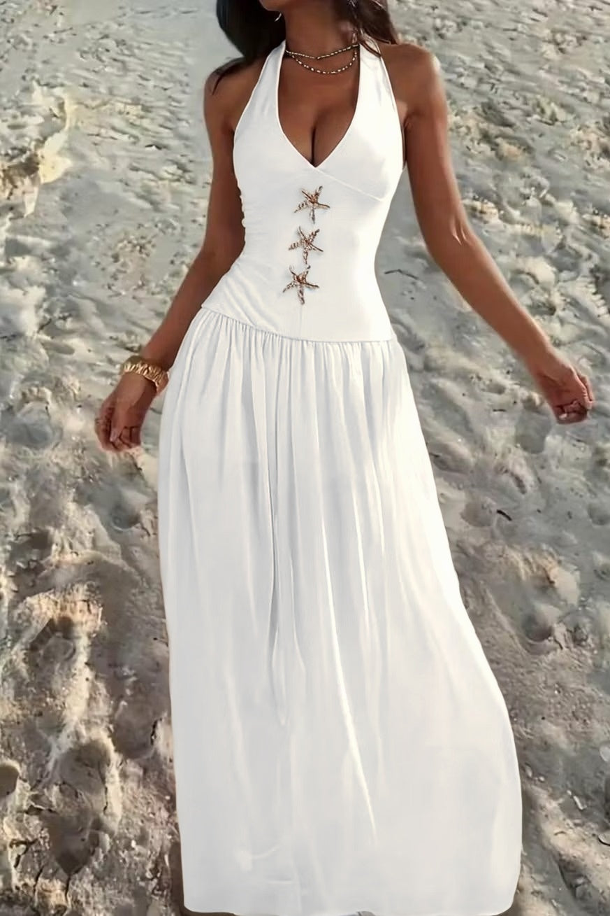 Cocoslly Halter V-Neck Sleeveless High Waist Long Prom Dress With Rhinstone | Ivory Chiffon XJ0755
