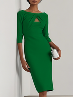 Light Blue Ruched Cotton Boat Neck Half Sleeve Sheath Midi Dress