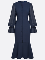 Purplish Blue Buckle Classic V Neck Long Sleeve Bell Sleeve Mermaid Midi Dress