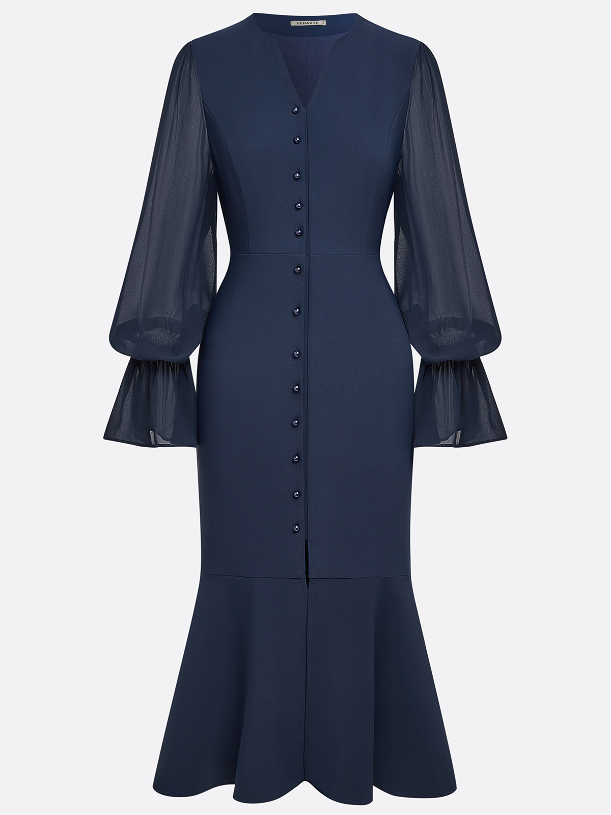 Purplish Blue Buckle Classic V Neck Long Sleeve Bell Sleeve Mermaid Midi Dress