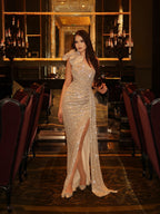 Cocoslly One Shoulder Sleeveless High Waist Long Mermaid Prom Dress With Deep Split | Nude Champage Sequins CO0163