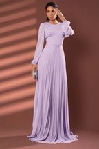 Chiffon Jewel Neck Long Sleeves Long Prom Dress With Pleated WQ0258