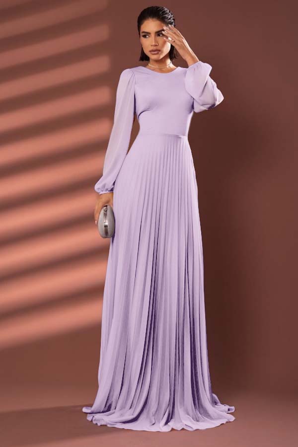 Chiffon Jewel Neck Long Sleeves Long Prom Dress With Pleated WQ0258