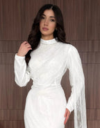 Cocoslly Long Sleeves High Waist Long Mermaid Prom Dress With Pearls And Lace | White Satin CO0051