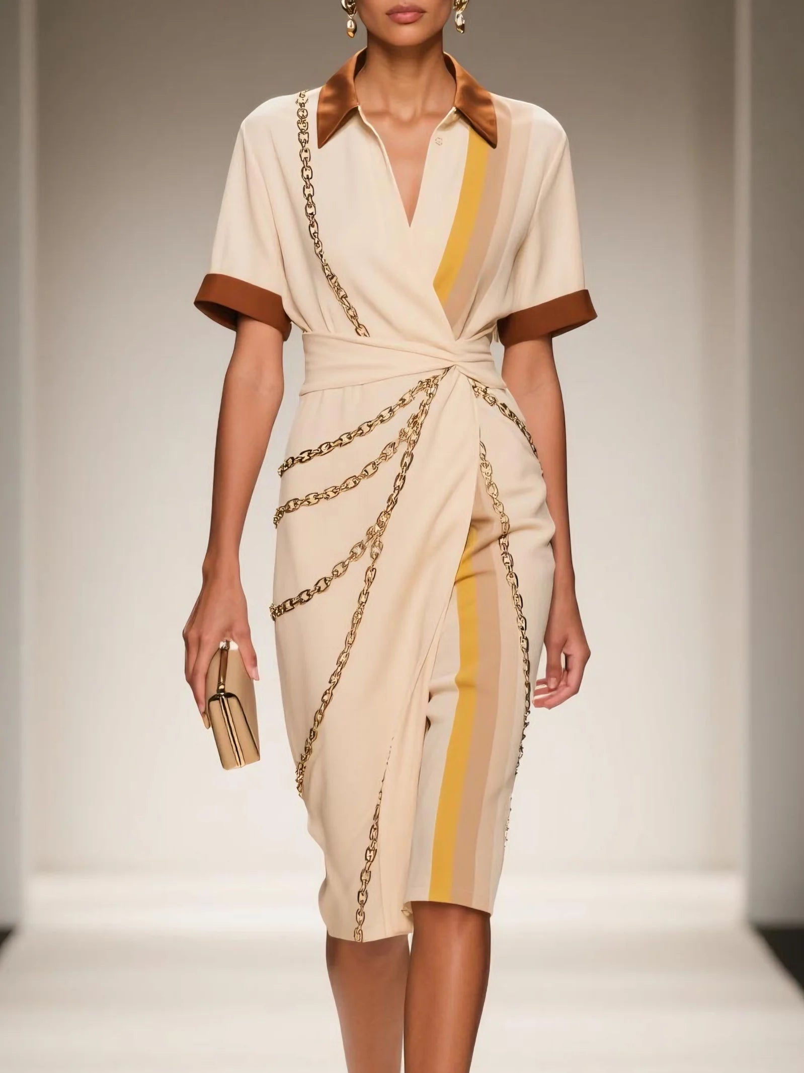 Apricot Wrap Dress Shirt Collar Short Sleeve Sheath Midi Dress