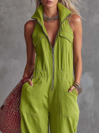 Casual Retro Western Collar Front Zipper Bright Green Cotton Linen Jumpsuit