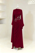 Cocoslly Long Sleeves High Waist Long Prom Dress With Pleated And Beading Pearls | Cabemet Chiffon ZA0710