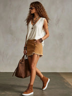 Western Retro Frayed Camel Denim Mini Skirt And Shorts