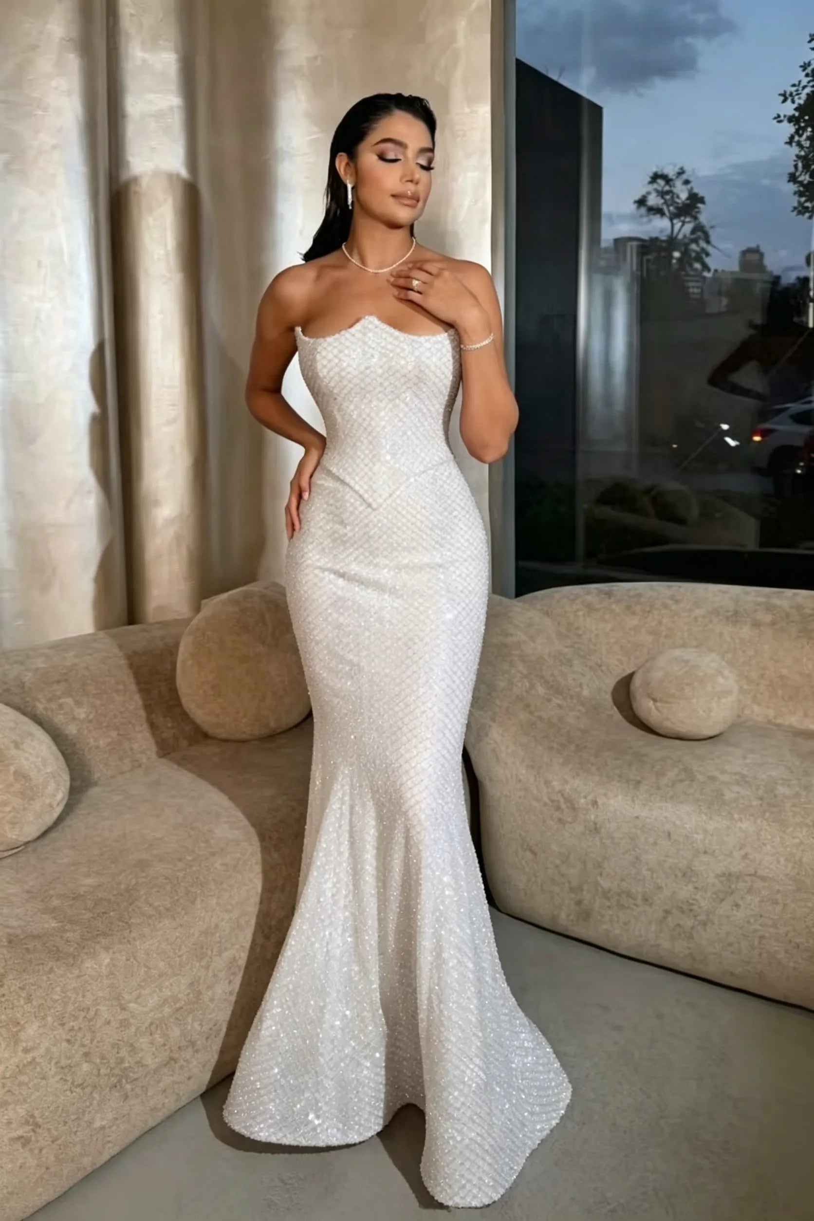 Cocoslly Strapless Sleeveless High Waist Long Mermaid Prom Dress | Lilac Sequins ZT0602