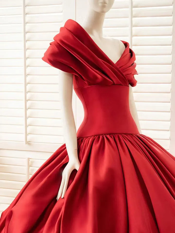 Cocoslly Off-The-Shoulder Sleeveless High Waist Long A Line Prom Dress With Pleated | Red Satin YC0571