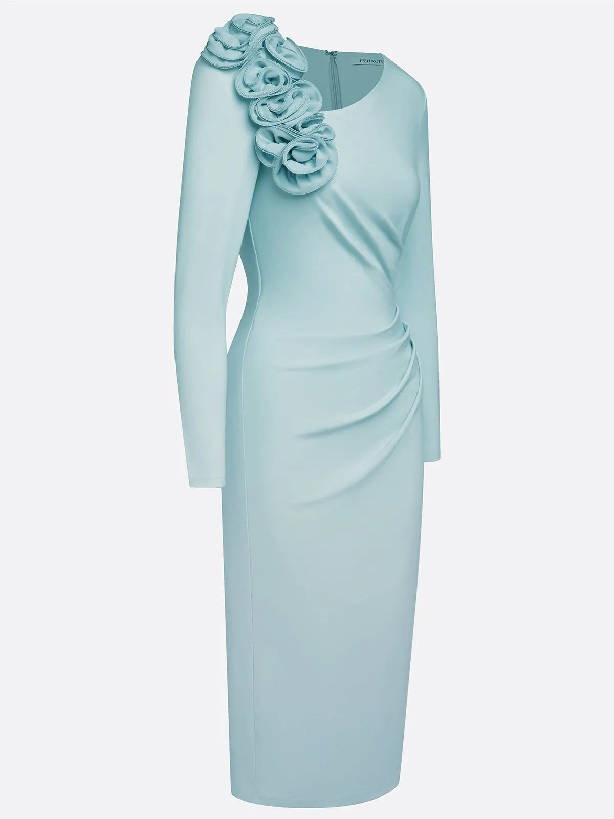Light Blue 3D Floral Ruched Knit Asymmetrical Long Sleeve Sheath Midi Dress