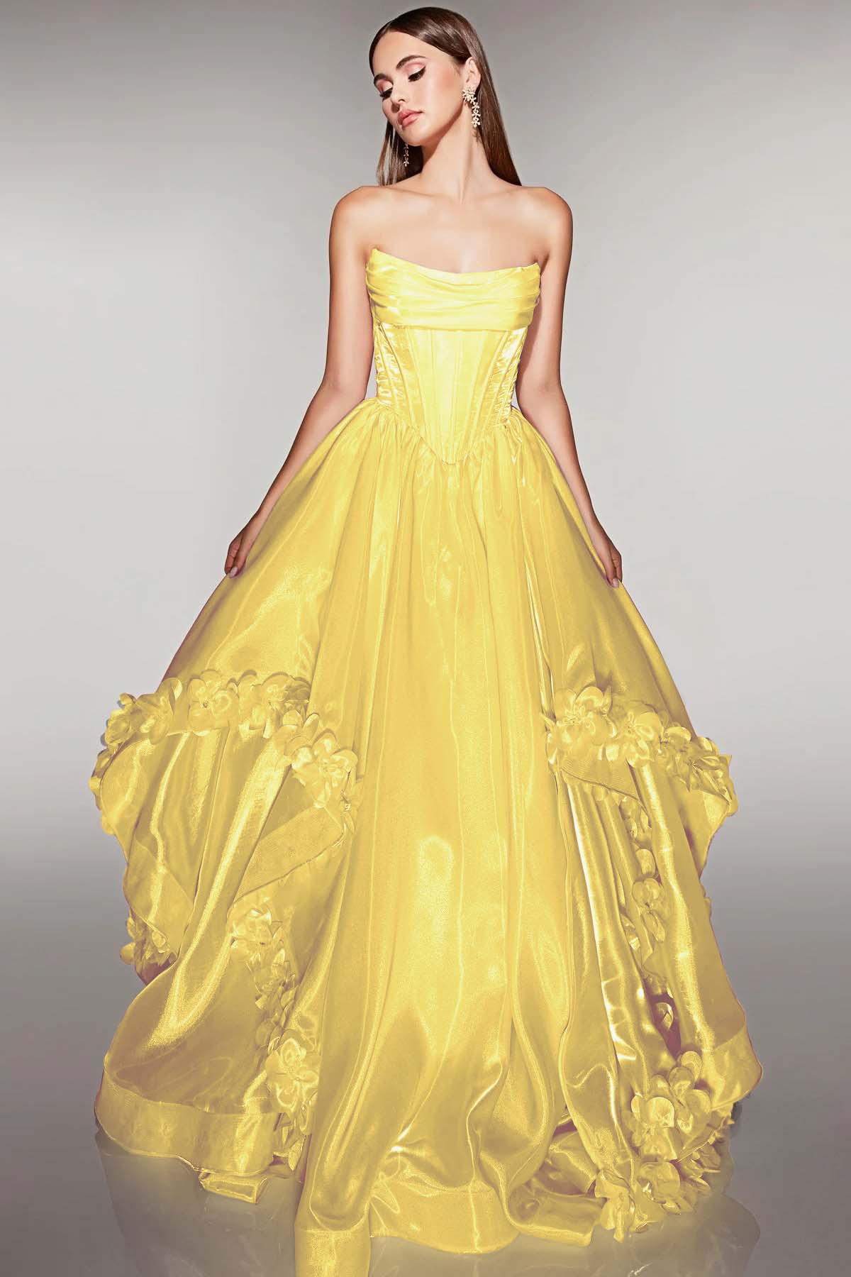 Cocoslly Strapless Sleeveless High Waist Long A Line Prom Dress With Flowers | Pink Satin