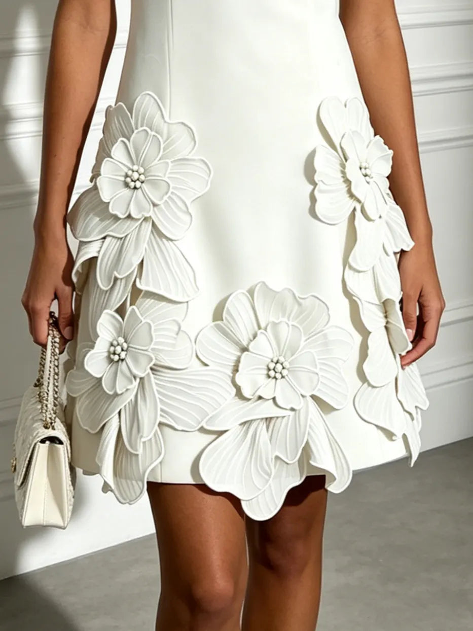 White 3D Floral Pearl Classic Boat Neck Sleeveless A-Line Mini Dress