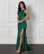 Cocoslly Halter Sleeveless High Waist Long Prom Dress With Split And Pleated | White Satin LX0111