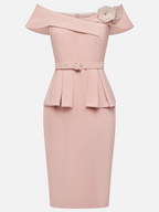 Pink 3D Floral Peplum Off The Shoulder Short Sleeve Sheath Midi Dress