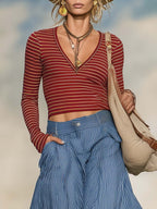 Retro Boho Red Striped V-Neck Long-Sleeve Top And Blue Pinstripe Wide-Leg Culotte Set