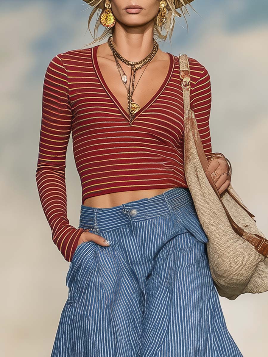 Retro Boho Red Striped V-Neck Long-Sleeve Top And Blue Pinstripe Wide-Leg Culotte Set