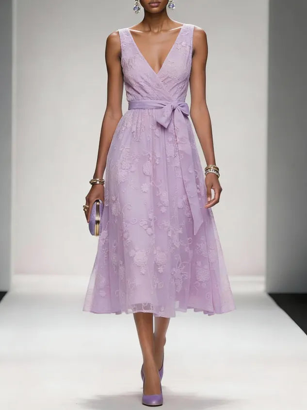 Deep Pink Bow Embroidery Classic V Neck Sleeveless A-Line Midi Dress With Pockets