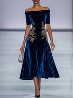 Deep Blue Applique Gathered Velvet Off The Shoulder Half Sleeve A-Line Midi Dress