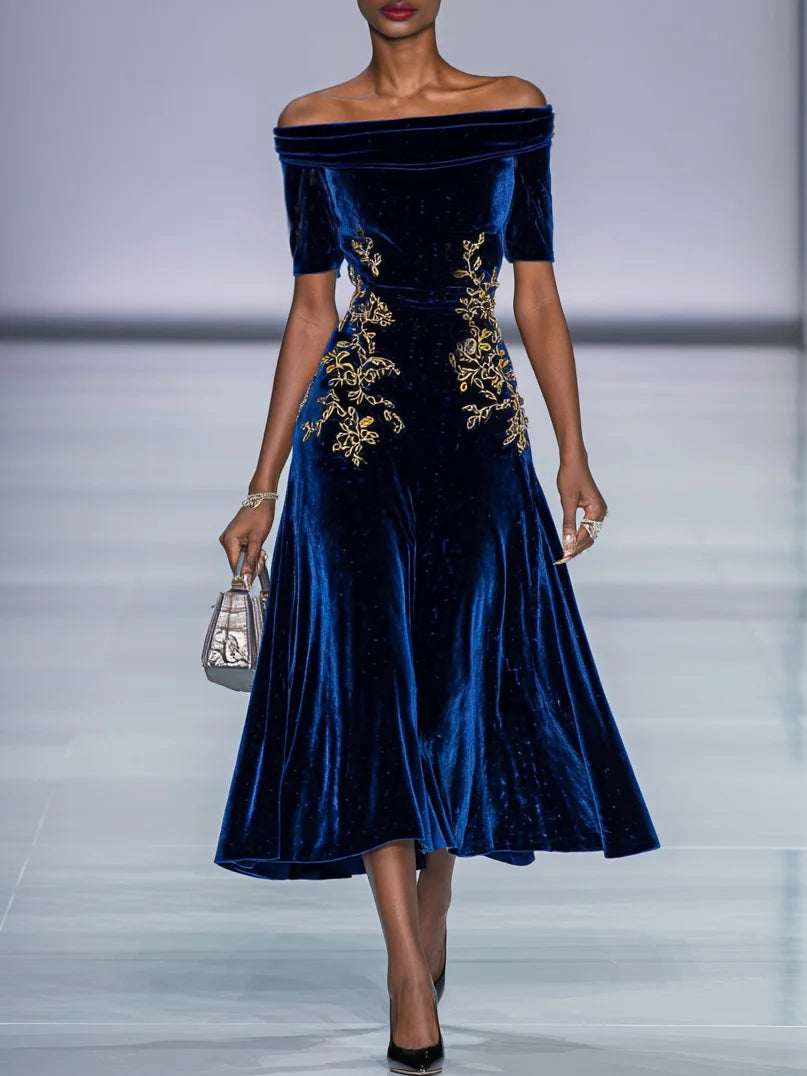 Deep Blue Applique Gathered Velvet Off The Shoulder Half Sleeve A-Line Midi Dress