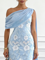 Light Blue Embroidery Classic Strapless Sleeveless Sheath Midi Dress