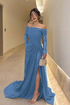 Off the Shoulder Long Sleeves Long Split Prom Dress With Pleated WQ0009