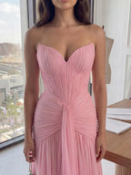 Cocoslly Strapless Sleeveless Long Prom Dress With Pleated | Candy Pink Chiffon CO0090