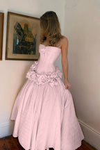 Cocoslly Strapless Sleeveless High Waist Long A Line Prom Dress With Flowers | Nude Pink Satin YC0415