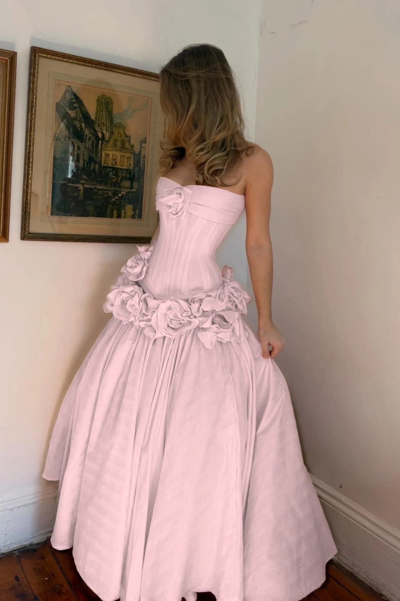 Cocoslly Strapless Sleeveless High Waist Long A Line Prom Dress With Flowers | Nude Pink Satin YC0415