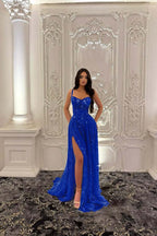 Straps Sleeveless Long Split Prom Dress With Pleated Appliques WQ0227