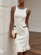 White Lace Cotton Classic Crew Neck Sleeveless Balloon Sleeve Sheath Midi Dress
