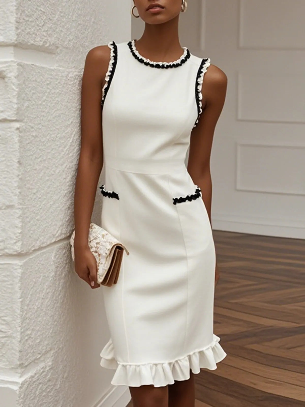 White Lace Cotton Classic Crew Neck Sleeveless Balloon Sleeve Sheath Midi Dress